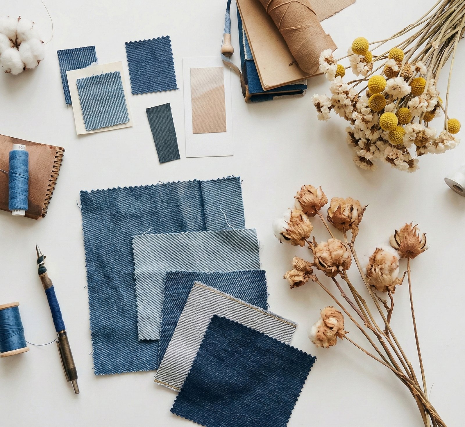 Denim fabric swatches with flowers