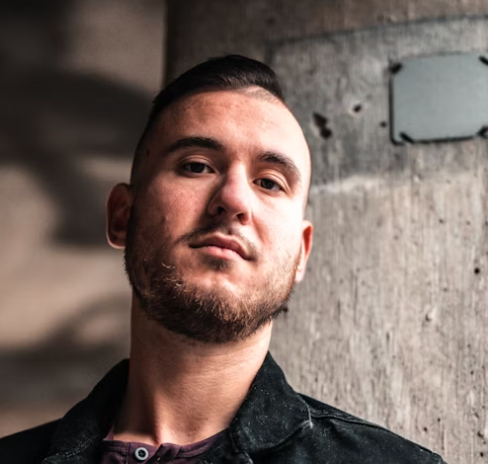 Man in black leather jacket